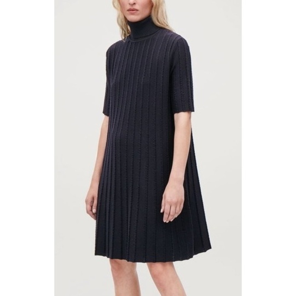 COS Wool Blend Sweater Dress Rib Knit Mock Neck Navy Blue Size Large Fall